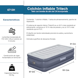 Foto 2 | Foto 2 | Colchon Inflable Bestway Individual Doble Altura Con Bomba Gris Oscuro