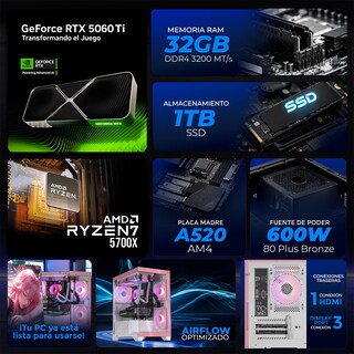Foto 4 | Foto 4 | Pc Gamer Ia Xtreme Pc Gaming Rtx 5060 Ti Amd Ryzen 7 5700x 32gb Ssd 1tb Sistema Liquido Wifi Pink Productividad Acelerada Con Ia