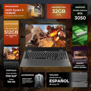 Foto 2 | Foto 2 | Laptop Gamer LENOVO LOQ 15ARP9 GeForce RTX 3050 6GB Ryzen 5 7235HS 32GB DDR5 512GB SSD 15.6" IPS FHD 144Hz Teclado Español Mouse