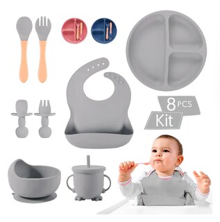 Foto 1 | Foto 1 | Set De Cubiertos Para Bebés Silicona Plato Antideslizante Color Gris Liso 8pzas