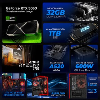 Foto 4 | Foto 4 | Pc Gamer Con Ia Xtreme Pc Gaming Rtx 5060 Ryzen 7 5700 32gb Ssd 1tb Monitor Curvo 27 180hz Sistema Liquido Red Gaming 1080p