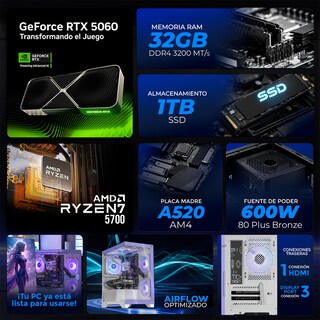 Foto 4 | Foto 4 | Pc Gamer Con Ia Xtreme Pc Gaming Rtx 5060 Ryzen 7 5700 32gb Ssd 1tb Monitor Curvo 27 180hz Sistema Liquido Lila Gaming 1080p