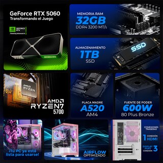 Foto 4 | Foto 4 | Pc Gamer Con Ia Xtreme Pc Gaming Rtx 5060 Ryzen 7 5700 32gb Ssd 1tb Monitor Curvo 27 180hz Sistema Liquido Pink Gaming 1080p