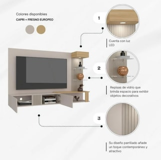 Foto 5 | Foto 5 | Panel Para Tv De Pared Con Repisas Puertas Y Luz Led 70 Pulgadas Color Capri Y Fresno Europeo | Excelsior
