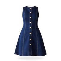 Vestido Mezclilla Boton Dorado Azul Petroleo