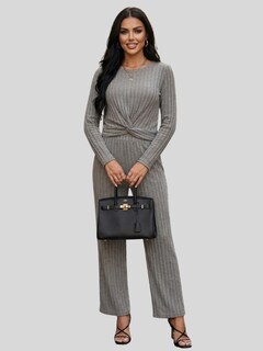 Foto 2 | Foto 2 | Conjunto 2 Piezas Acanalado Blusa Manga Larga Y Pantalón Recto Cómodo Conj-0104 Gris Look Casual Elegante Para Mujer