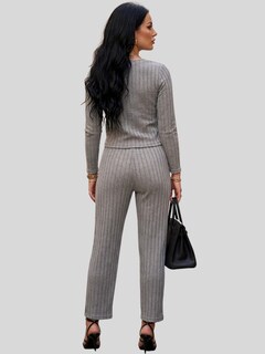 Foto 3 | Foto 3 | Conjunto 2 Piezas Acanalado Blusa Manga Larga Y Pantalón Recto Cómodo Conj-0104 Gris Look Casual Elegante Para Mujer