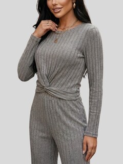 Foto 5 | Foto 5 | Conjunto 2 Piezas Acanalado Blusa Manga Larga Y Pantalón Recto Cómodo Conj-0104 Gris Look Casual Elegante Para Mujer