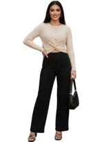 Conjunto 2 Piezas Acanalado Blusa Manga Larga Y Pantalón Recto Cómodo Conj-0104 Negro Crema Look Casual Elegante Para Mujer