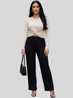 Foto 2 | Foto 2 | Conjunto 2 Piezas Acanalado Blusa Manga Larga Y Pantalón Recto Cómodo Conj-0104 Negro Crema Look Casual Elegante Para Mujer