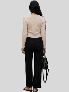 Foto 3 | Foto 3 | Conjunto 2 Piezas Acanalado Blusa Manga Larga Y Pantalón Recto Cómodo Conj-0104 Negro Crema Look Casual Elegante Para Mujer