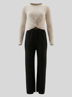 Foto 6 | Foto 6 | Conjunto 2 Piezas Acanalado Blusa Manga Larga Y Pantalón Recto Cómodo Conj-0104 Negro Crema Look Casual Elegante Para Mujer