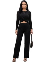 Conjunto 2 Piezas Acanalado Blusa Manga Larga Y Pantalón Recto Cómodo Conj-0104 Negro Look Casual Elegante Para Mujer