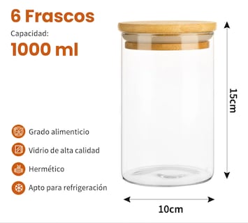 Foto 4 | Foto 4 | 6 Frascos De Vidrio Con Tapa Recipientes Herméticos 1 Litro Xtellar Modelo Transparente