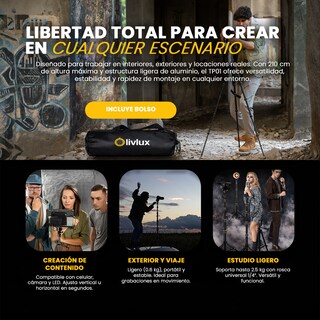 Foto 3 | Foto 3 | Tripié Profesional Livlux Tp01 De Aluminio Ajustable 2.1 M Con Funda Para Iluminación Cámaras Y Estudio Fotográfico