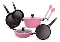 Batería De Cocina Aluminio Forjado Antiadh Inducción Foode Fde02054 Rosa 9 Piezas