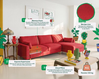 Foto 3 | Foto 3 | Sala Modular Reversible Makora Amelie Rojo Lino Con Memory Foam Y Respaldo Reclinable