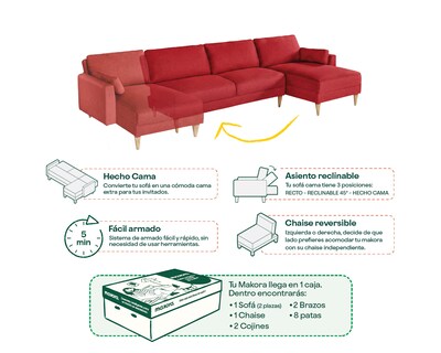 Foto 7 | Foto 7 | Sala Modular Reversible Makora Amelie Rojo Lino Con Memory Foam Y Respaldo Reclinable