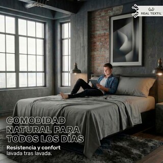 Foto 5 | Foto 5 | Sábanas de Algodón 200 Hilos Real Textil Queen Size Gris Frescas Y Transpirables