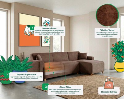 Foto 3 | Foto 3 | Sala Modular Reversible Makora Calak Chocolate Velvet Con Memory Foam Y Respaldo Reclinable