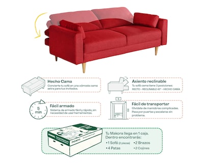 Foto 7 | Foto 7 | Sofá Cama Makora Tatiane Rojo Lino Con Memory Foam Y Respaldo Reclinable 3 Posiciones