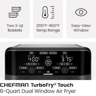 Foto 3 | Foto 3 | Freidora de Aire Chefman de 6 Cuartos de Galón Doble Cesta Negra de 1700 W - Venta Internacional