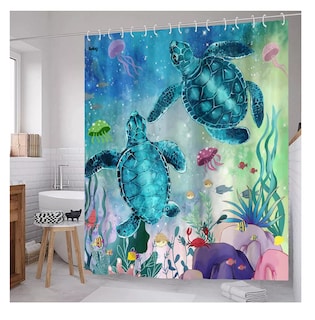 Foto 4 | Foto 4 | Cortina De Baño Lavable Tela Antihongo Impermeabl 180*180 Cm Estilo 8 Azul 2 Tortugas