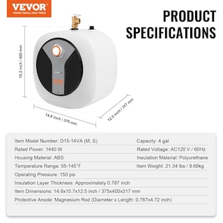 Foto 7 | Foto 7 | Calentador De Agua Eléctrico Con Minitanque Vevor 15l 1440w, 4 Galones - Venta Internacional.