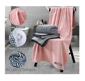 Foto 4 | Foto 4 | 3 Pcs Juego De Toallas Baño Completo Grande 140*70cm Lana Gris Negro Rosa