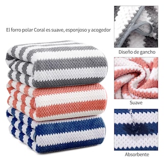 Foto 3 | Foto 3 | Toallas de Baño Grande de Lana Rayadas 3 piezas Gris Coral y Azul
