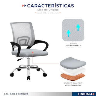 Foto 3 | Foto 3 | Set 4 Silla Oficina Linium Escritorio Salon Hogar Ergonomica Color Gris