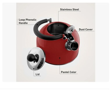 Foto 3 | Foto 3 | Tetera Silbadora Acero Inoxidable 3 Litros Con Tapa (rojo) Xtellar
