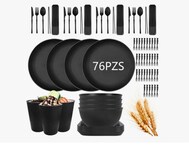 76pzs Juego De Vajilla Taza Bol Paja De Trigo Vajilla Negra