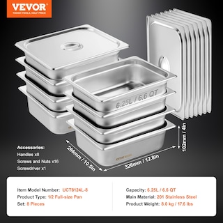 Foto 7 | Foto 7 | Sartén De Vapor Antiatascos Vevor De Hotel Pans, Tamaño 1/2, Con Tapas, Paquete De 8 - Venta Internacional.
