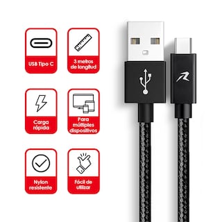 Foto 2 | Foto 2 | Cable USB Tipo C Redlemon 78573 Negro de 3 m de Nylon Ultra Resistente para Celular/Tablet/Nintendo Switch