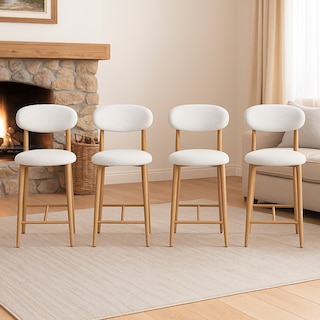 Foto 5 | Foto 5 | Ilios Innova | 4 Sillas Altas Beige En Lino Español. Respaldo Curvo Y Base Metálica Estilo Madera Para Cocina O Bar.