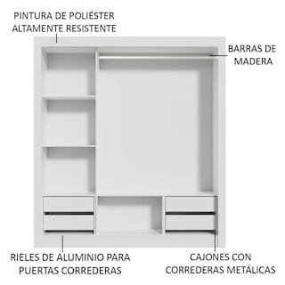 Foto 6 | Foto 6 | Ropero Madesa Lyon Plus 3 Puertas Corredizas con Espejos 4 Cajones Blanco