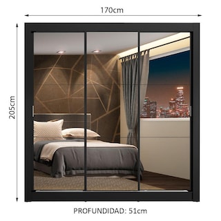 Foto 3 | Foto 3 | Ropero Madesa Mónaco Negro 3 Puertas Corredizas con Espejo