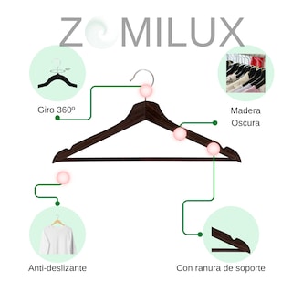 Foto 5 | Foto 5 | 20 Ganchos Para Ropa Madera Premium Zomilux Perchas Para Pantalones Con Barra Antideslizante Gancho Giratorio 360° Caoba