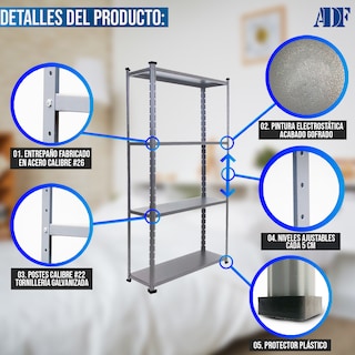 Foto 3 | Foto 3 | Anaquel Metálico Adf Con 4 Repisas Estante Organizador 190x84x30 Cm. Color Gris