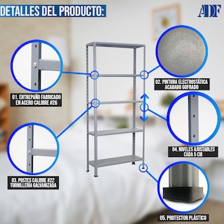 Foto 3 | Foto 3 | Anaquel Metálico Adf Con 5 Repisas Estante Organizador 190x84x30 Cm. Carga 250 Kg Color Gris
