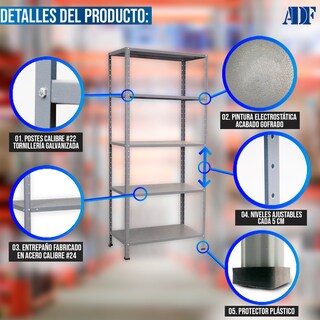 Foto 4 | Foto 4 | Anaquel Metálico Adf Con 5 Repisas Estante Organizador 190x84x45 Cm. Carga 400 Kg, Color Gris Uso Rudo