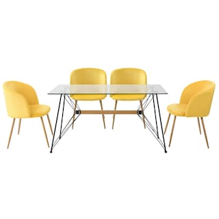 Foto 1 | Foto 1 | Comedor Completo Con Mesa De Cristal Y 4 Sillas Tapizadas En Terciopelo Mostaza Con Patas De Metal Con Efecto Madera