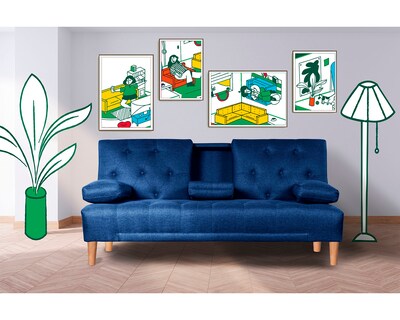 Foto 1 | Foto 1 | Sofá Cama Makora Caroli Azul Lino con Portavasos