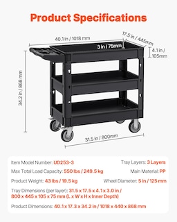 Foto 7 | Foto 7 | Carrito Utilitario Vevor De Plástico De 3 Niveles Con Capacidad De 250 Kg Con Ruedas Giratorias - Venta Internacional.