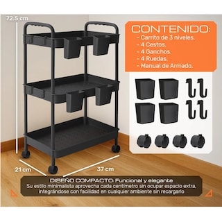 Foto 2 | Foto 2 | Carrito Organizador 3 Niveles 4 Cestos y Ganchos Eo Safe Imports Esi-20635 Negro