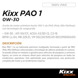 Foto 2 | Foto 2 | Aceite De Motor Sintético Kixx Pao 1 Sn 0w-40, 4l