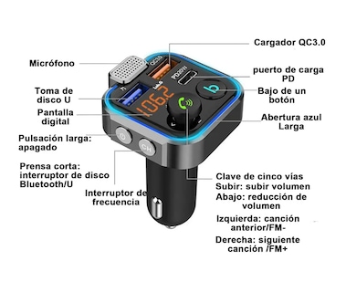 Foto 4 | Foto 4 | Transmisor Bluetooth Fm De Auto Cargador 3 Usb con Cable 1m