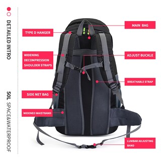 Foto 7 | Foto 7 | Mochila De Senderismo Bseash, 50 L, Resistente Al Agua, Ligera, Negra - Venta Internacional.