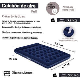Foto 2 | Foto 2 | Colchón Inflable Matrimonial color Azul Cama Aire Bomba Pie Integrada Bestway